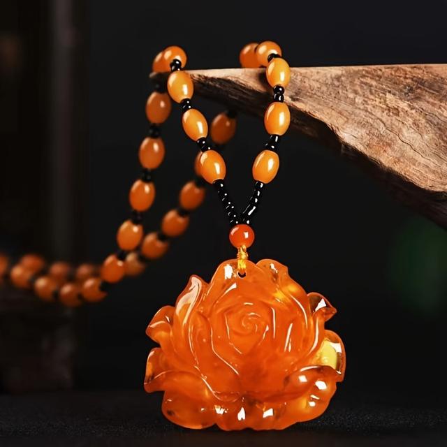 TEMU 1pc Artificial Jewelry Genuine Natural Artificial Pendant With Wealth Peony Pattern For Men And Women, Artificial Pendant Cord Necklace, Authentic Mystical Shui Artificial Pendant