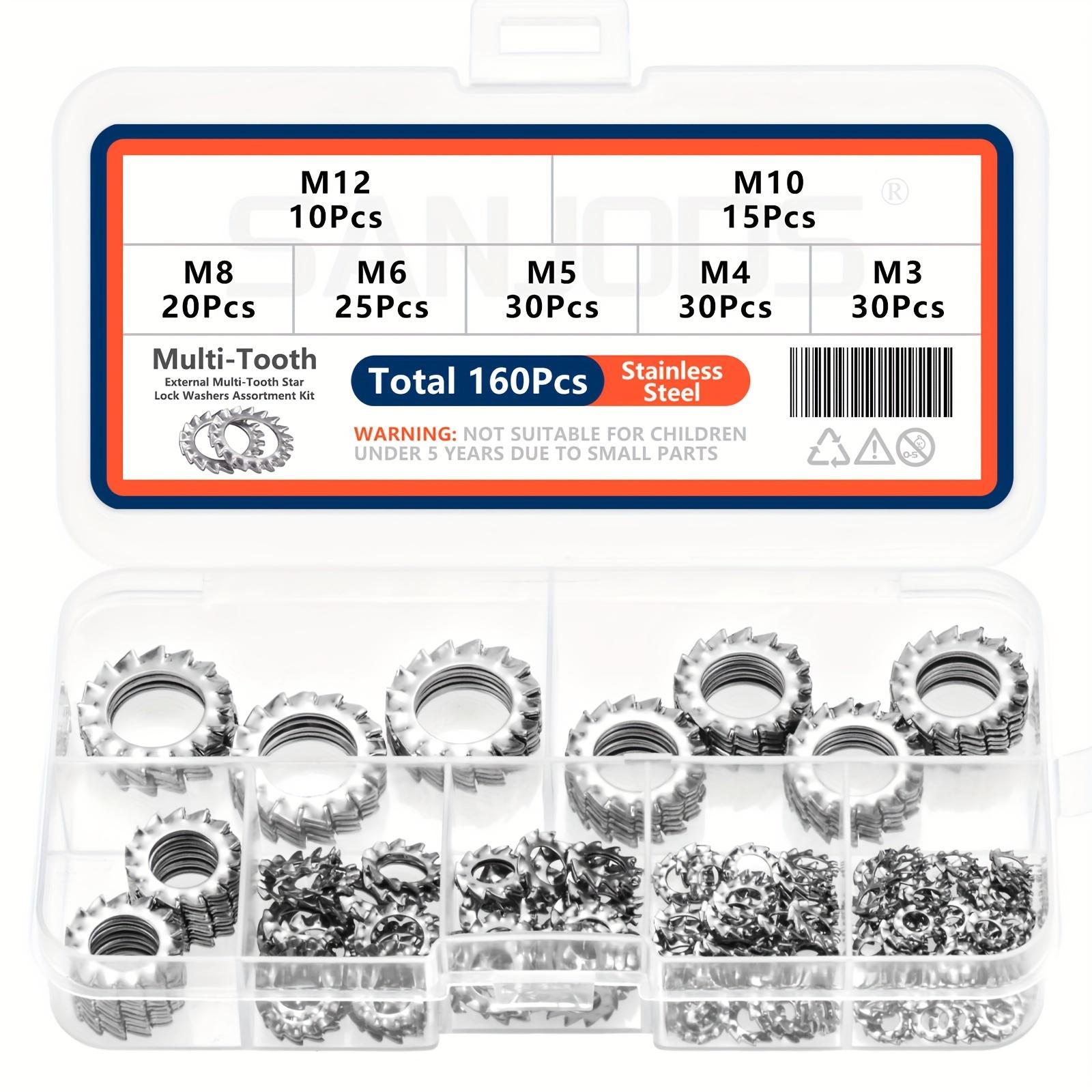 TEMU 160pcs Sanjods Stainless Steel External Multi Tooth Star Lock Washers Assortment Set, 7 Sizes M3-m12, Din Standard, Outer Teeth Type, Metal Construction