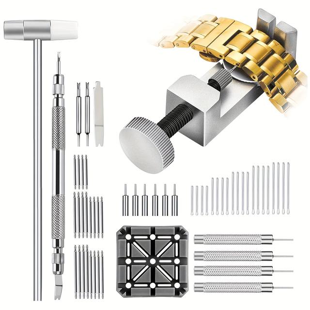 TEMU 57pcs Watch Band Strap Link Pins Remover Repair Tool, With 6 Replacement, 20pcs Cotter Pin, Spring Bar Tool Set, 1pc Head Hammer
