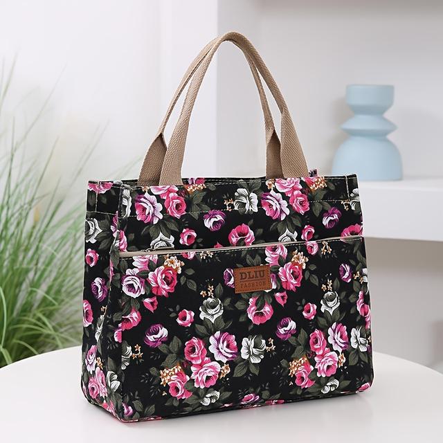 TEMU Durable Fabric Tote Bags With Vibrant Floral Patterns - Large Capacity, Zip Closure, Shoulder Straps, Work & Commute, Commute Tote Bag | Floral Print Tote | Zippered Closure, Tote Bag
