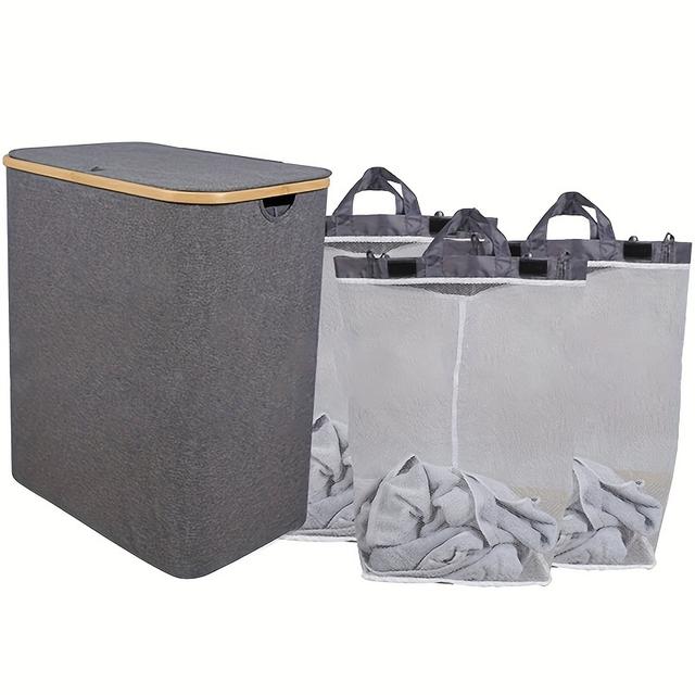 TEMU 37-gallon Foldable Laundry Hamper With Lid - 3-section, Removable Bags & Labels, Handles For Easy Carrying - Bedroom, Bathroom, Dorm Organization - Grey, Laundry Baskets