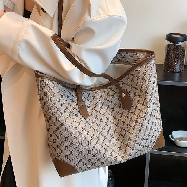 TEMU Women's Large Tote Bag - Geometric Pattern, Zipper Closure & Polyester Lining, Spacious Coffee/gray/white For Work, Travel, Everyday Use, Stylish Women's Accessory