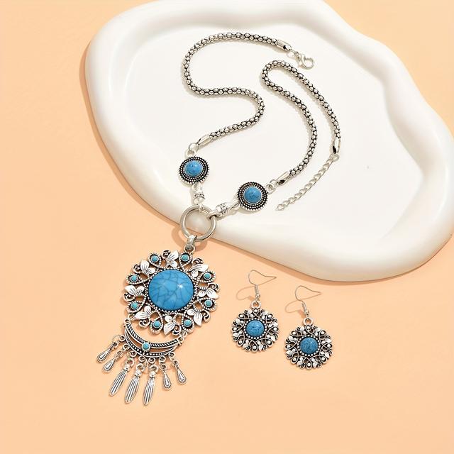 TEMU Trendy Vintage Style Flower Shaped Pendant Jewelry Set, Alloy Natural Stone Turquoise Necklace And Earrings Set For Daily Party Wearing Jewelry Accessories