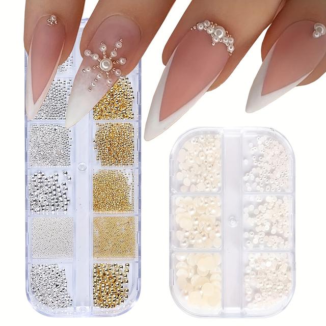 TEMU 1000pcs (2 Boxes) Of Nail Flat Pearls, White Half-round Nail Art Supplies, Luxurious Additions, Mixed Rhinestones In Sizes From 0.8mm To 5mm For Women's Nail Decoration
