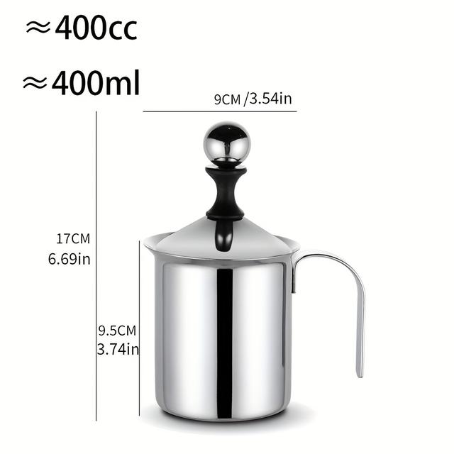TEMU 1pc Premium Stainless Steel Manual Milk Frother - 400ml, Dual Mesh Screens Creamy Foam, Ideal For Cappuccino & Coffee Enthusiasts