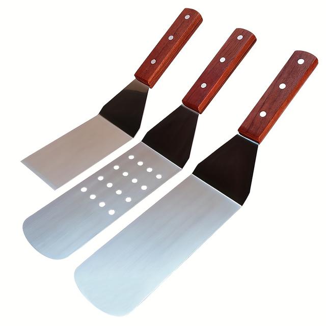 TEMU Stainless Steel Metal Scraper Burger Spatula, Solid Cooking Spatula With Perforated Design And Baking Pan Spade, Burger Flipper With Wooden Handle, Suitable For Grilling, Steak, Pizza