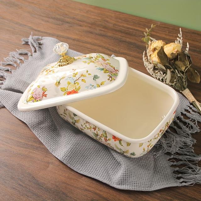 TEMU 1pc Handmade Premium Enamel Square Storage Box With - , Reusable For Bread, Cheese, Salad & Snacks - Lid, Oven & , Ideal For Kitchen Counter Display