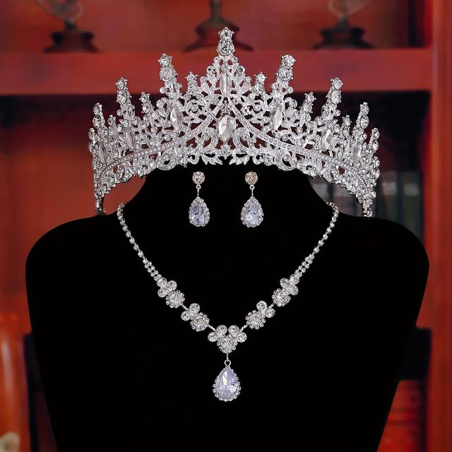 TEMU Set Of 3pcs Including A Luxurious Silvery Metal Alloy Tiara, Earrings, And Necklace With Rhinestones, Perfect For A Wedding Or Party, Embodying The Of A Queen Or Princess