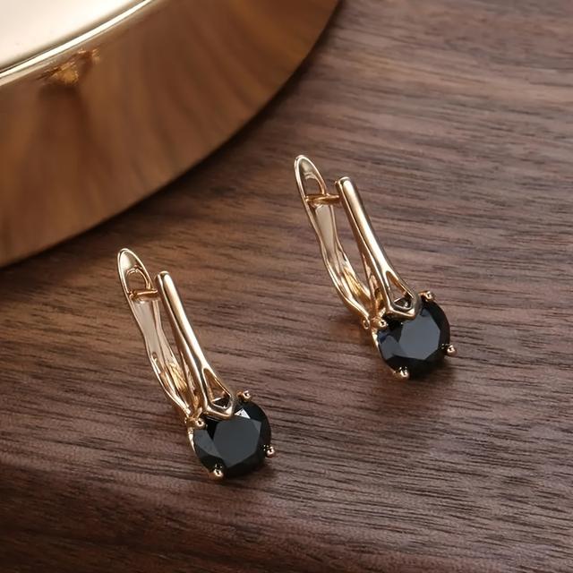 TEMU Round Cut Black Stone Zirconia Clip Earrings For Women Trendy Golden Color Bride Wedding Earrings Fine Jewelry