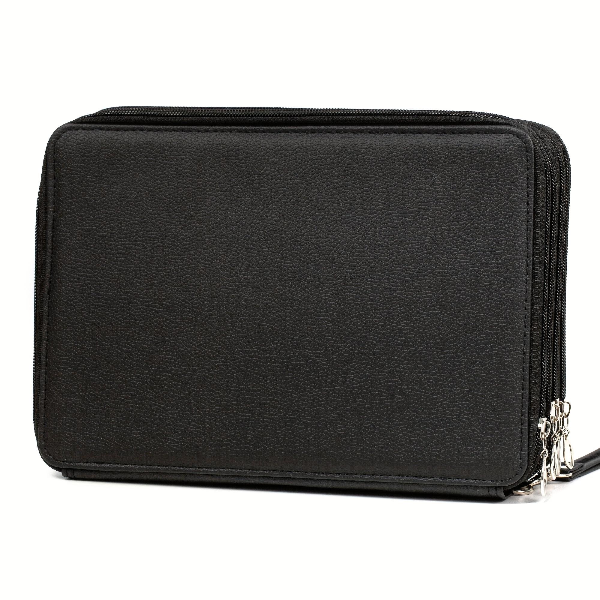 TEMU Deluxe 200-slot Colored Pencil Organizer - Large Black Leather Case With Removable Handle For Artists, Watercolor Pens & Supplies
