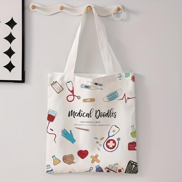 TEMU Minimalist Hand-drawn Illustrations Double-sided Tote Bag, Reusable Fashion Backpack, Multifunctional Handbag, Letter Print Shopping Ba