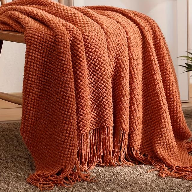 TEMU 1pc Orange Tassel Knitted Blanket, Warm Soft Throw Blanket For Couch Bed Sofa Office Camping
