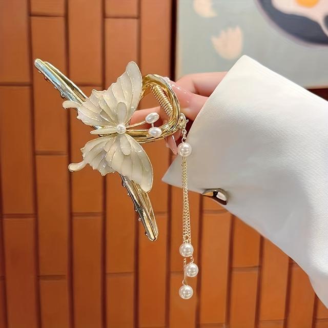 TEMU Europäische und amerikanische Vintage elegante Temperament Schmetterling Haarspange mit Kunstperlen Quasten für den Hinterkopf