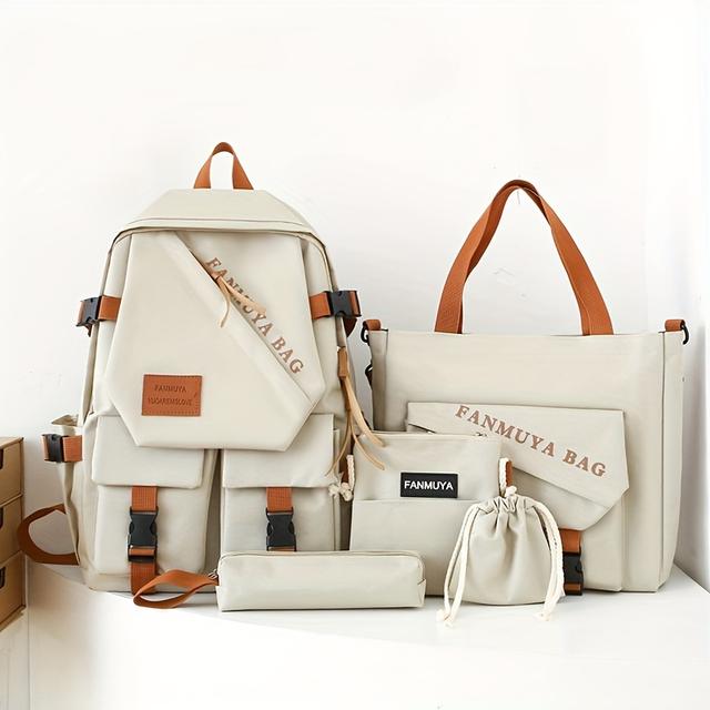 TEMU Fünfteiliger Studentenrucksack, Schultertasche, Japanischer Easy Backpack für Damen, Color-Blocking Trendiger kleiner und mittelgroßer Studentenrucksack