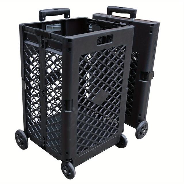 TEMU Foldable Storage Cart, Portable Plastic 4-wheel Folding 55l Shopping Cart, Supermarket Folding Cart