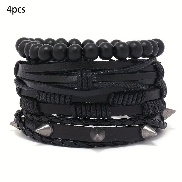 TEMU Набір з чотирьох готичних хіп-хоп браслетів з гвоздиками, дерев'яними намистинами та плетеним штучним шкіряним виробом ручної роботи для чоловіків