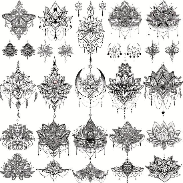 TEMU 15-pack Coktak Temporary Tattoos, Sexy Lotus & Tribal Floral Designs, Fake Jewelry Pendants, Bohemian Lace & Moon Moth Patterns, Temporary Stickers For Women's Arm, Neck, Chest, Breast Decor