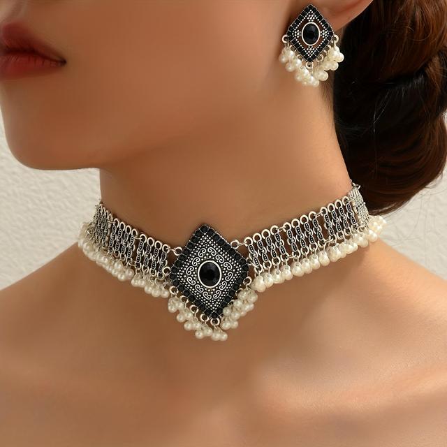 TEMU Bohemian Style Rhombus Short Necklace Earring Set