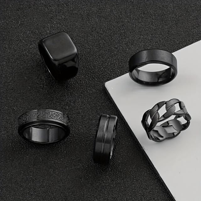 TEMU 5 Stylish Stainless Steel Ring Sets, Rotatable, Personalized Black Geometric Rings, Simple Hollow Rings, Men's Wedding Date Ring Set Accessories