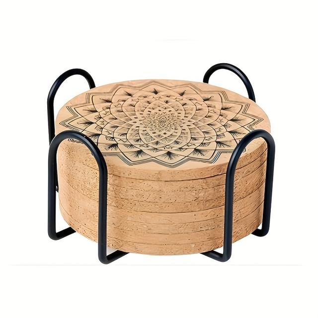 TEMU 스테인리스 스틸 수납 선반 포함 코르크 코스터 - 음료 흡수성 코르크 코스터, 식탁 매트, 친구를 위한 집들이 선물, 거실 장식, 아파트 장식(8개)