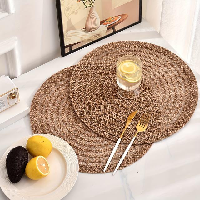 TEMU 4pcs Jute Non-slip Round Table Mats - Boho Braided Placemats Suitable For Farmhouse, Boho Decor, Christmas Parties, Restaurants & Dining - Hand Washable Coasters & Table