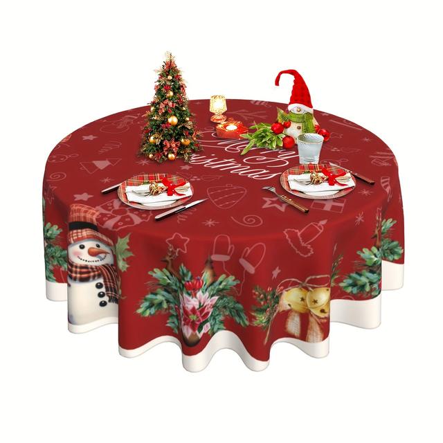 TEMU 1pc, Polyester Tablecloth, Merry Christmas Table Cover, Tablecloth With Christmas Snowman And Bell Pattern, Tablecloth For Christmas, Home Kitchen Dining Party Decoration, Gift