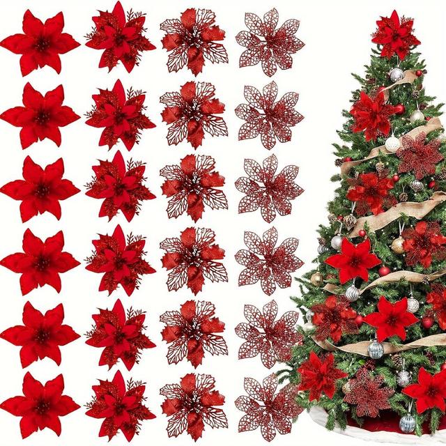 TEMU 24 Stk. Funkelnde Rote Künstliche Weihnachtssternblumen mit Clips - Klassische Stoffdekorationen für Weihnachtsbaum & Kranz, für Feiertagsornamente und Hochzeitsfeier Verzierungen