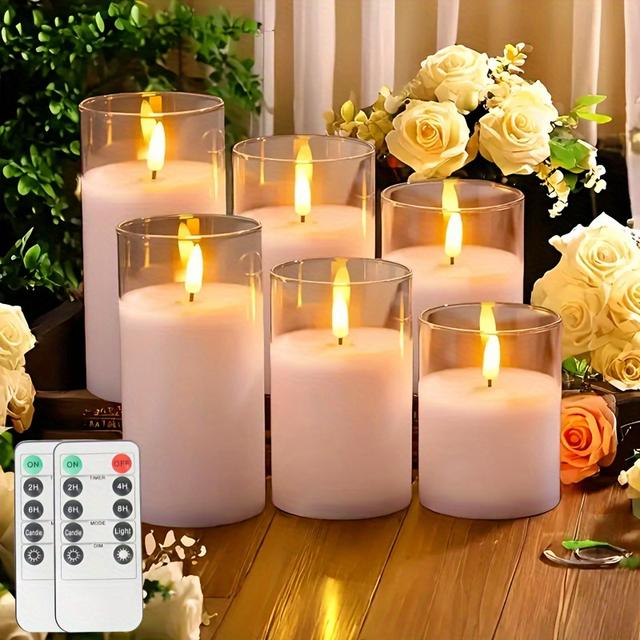 TEMU 6pcs Valentine's Day Flameless Candles With Remote Timer: 3d Wick Battery-powered Led Pillar Candles, Acrylic Candle Set For Mother's Decor And Romantic Ambiance