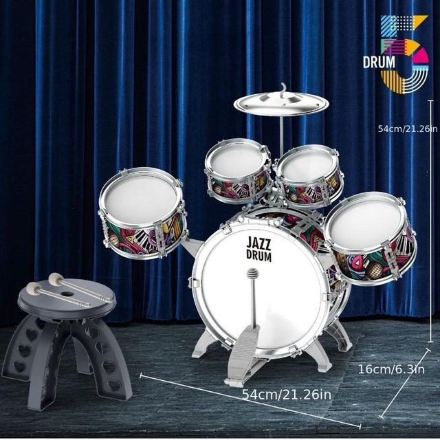 TEMU طقم طبول جاز للمبتدئين مع طبول وصنجات ملونة - مادة PP متينة، يتضمن طبلة صغيرة، طبلة أرضية، توم، توم-توم، طقم طبول جاز، معدات أداء، تصميم طبول نابض بالحياة، مادة طبول متينة