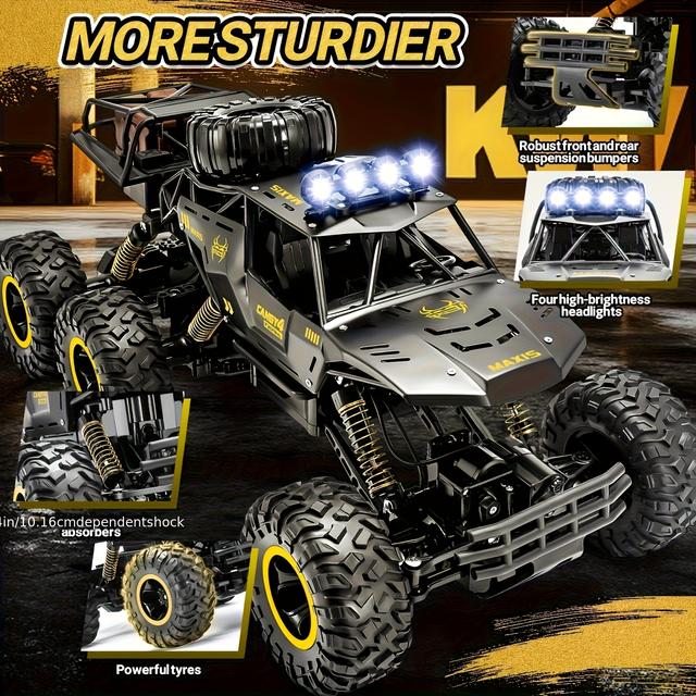 TEMU 1/24 Scale Remote Control Monster Truck Rc Car - 6-wheel Off-road Rc Vehicle With Anti-collision Body, Large Tires & Led Bars, Alloy Frame Suitable For S & (red/black) - Ideal Christmas/ Gift