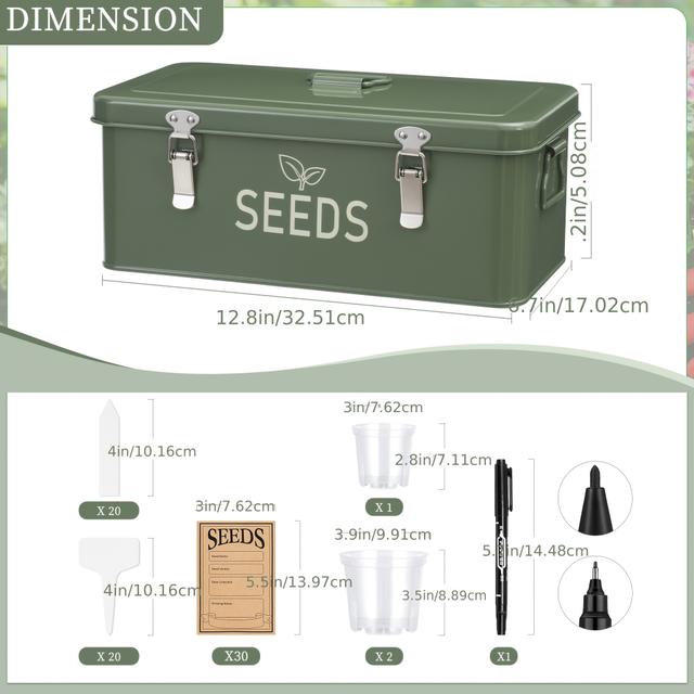 TEMU Seed Saving Box, Metal Seed Bin, Seed Storage Organizer Box, Seed Container With Lid, Seed Envelope Storage Box, 4 Compartments Garden Seed Bin With Safety Locks-green