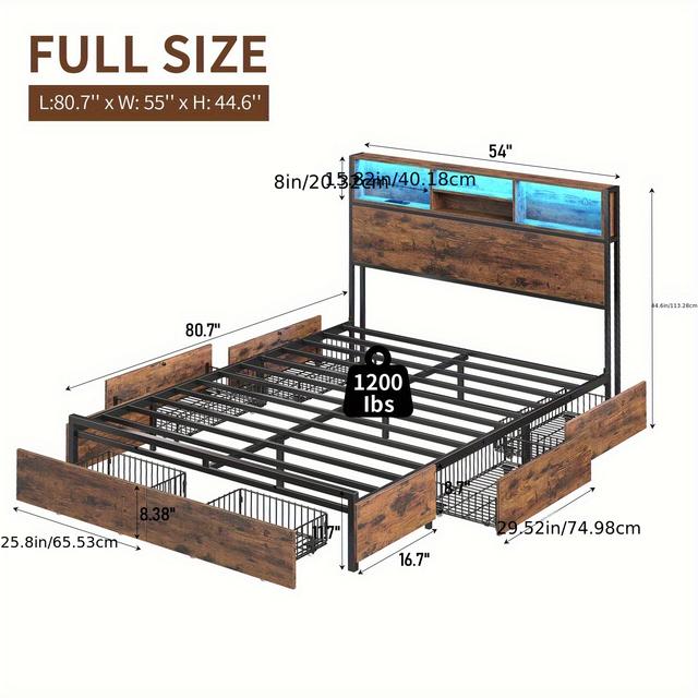 TEMU Queen Size Metal Bed Frame Featuring A Rustic Wood , Equipped With An Led Headboard And Charging Ports. It Includes 6 Storage Drawers Shelves