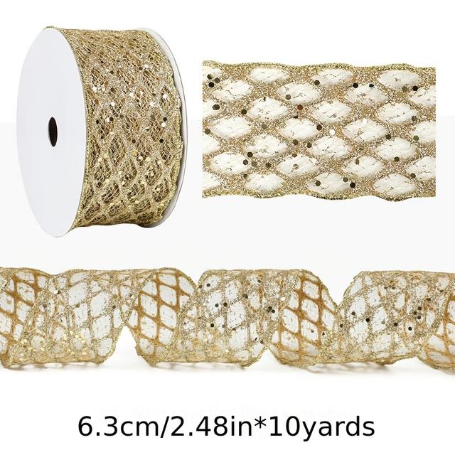 TEMU 2.5 Inch Dusty Glitter Diamond Mesh Ribbon - Golden, Silvery, Champagne, Royal Blue, Rose Golden | Wired & Stretchable For Christmas Tree, Gift Wrapping, Wreaths, Crafts ()