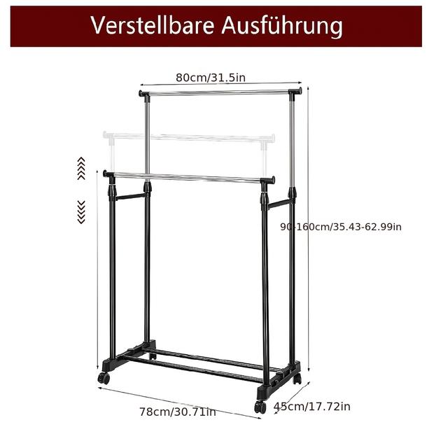 TEMU Clothes Rack Portable Hanger With Wheels Clothes Rack With Wheels Mute Hanger Double Rod Adjustable Hanger 90-160cm Retractable Hanger For Bedroom Living Room Washroom Black