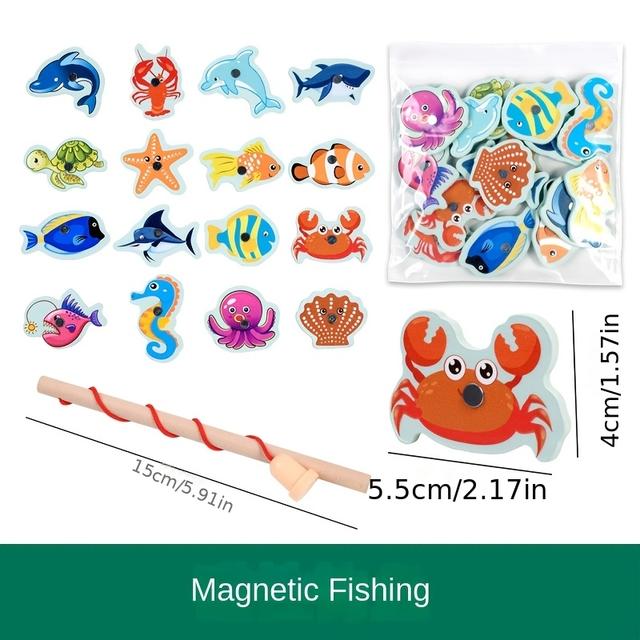 TEMU Fishing Game With Rod | Wooden Material, Mixed Colors, Enhances Focus, Hand-eye Coordination, Fine Motor Skills, Gift For Babies