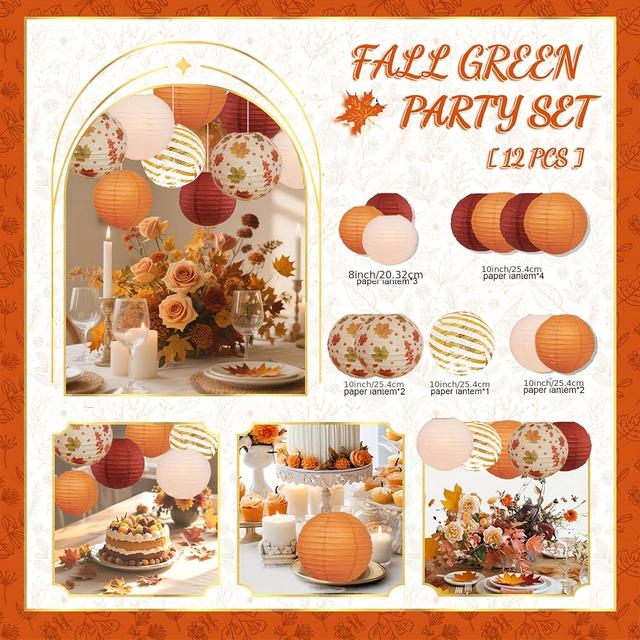 TEMU 12pcs Autumn Paper Lanterns - Thanksgiving Leaf Party Round Hanging Decorations For Outdoor Celebration