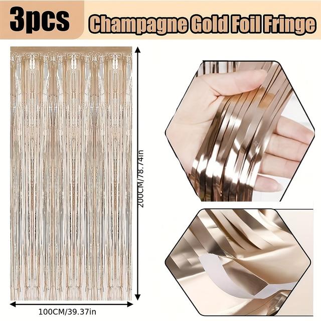 TEMU 3 Pack 3.3x6.5 Feet Champagne Fringe Backdrop,metallic Tinsel Foil Fringe Streamers Background For Photo Booth, Birthday, Wedding, Halloween, Christmas Party Decoration