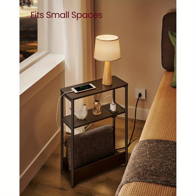 TEMU Vasagle Side Table With Charging Station, 3-tier Nightstand, Narrow End Table, Sofa Table For Small Spaces, Magazine Rack, For Living Room, Bedroom, Study