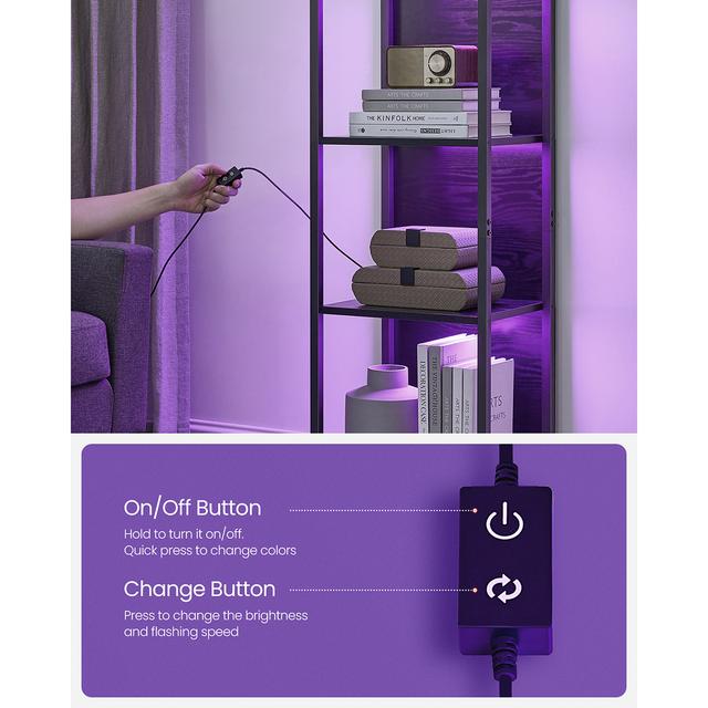 TEMU Vasagle 6-tier Led Bookshelf, 11.9 X 15.7 X 70.3 Inches, Display Shelf With Dimmable Lights, Led Bookcase With , For Living Room, Bedroom, Office, Black With Wood Grain