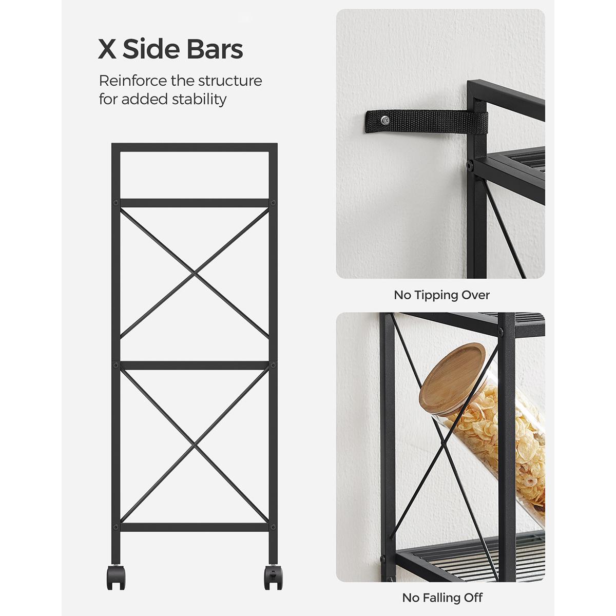 TEMU Songmics 3-tier Metal Storage Rack On Wheels, Suitable For Entryway, Featuring Mesh Shelves With X Side Frames, -inch Wide, Ideal For Kitchen, Living Room, Bathroom, , Black Color, Utility Racks