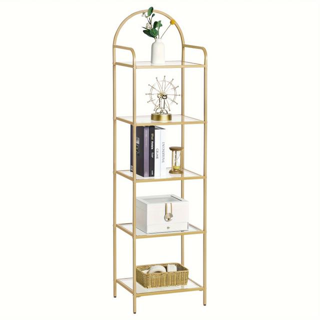 TEMU Bookcase Bookshelf, Tempered Glass Bookshelves, Slim Shelving Unit For Bedroom, Bathroom, Home Office, , 5 Tier Golden