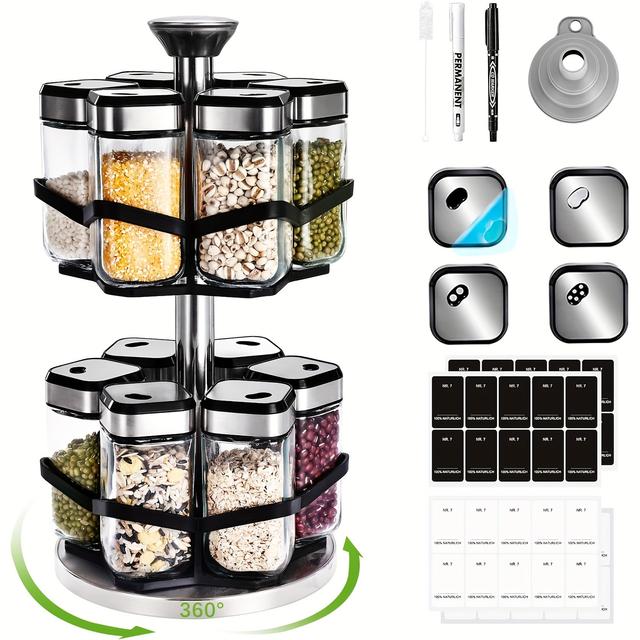 TEMU 1/2 Tier Rotating Spice Rack With 6/12 X 120ml Spice Jars 360° Clockwise Of Sieve Holes 360° Spice Carousel Rotatable Stainless Steel Spice Rack Spice Organiser For To Spices