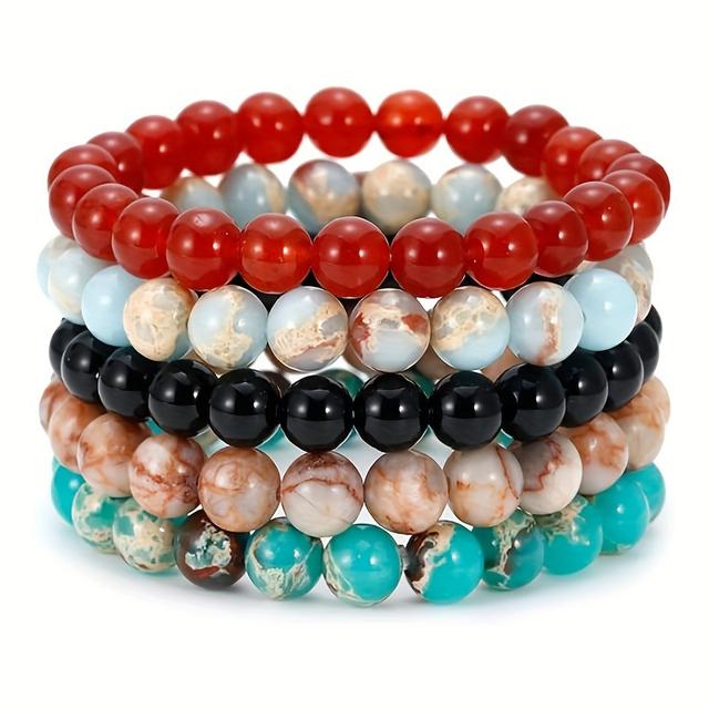 TEMU Stone Eye Bead Bracelet Set, 5-piece Stretch Cord Beaded Bracelets For Men And Women, Beaded Wristbands No Or Pendant - Personalized Style