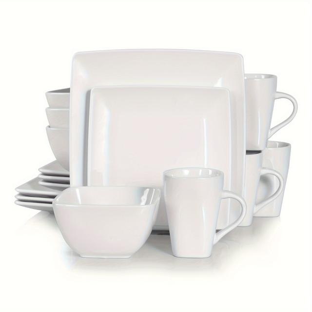 TEMU 16pcs White Ceramic Porcelain Square Dinnerware Set With Dinner Plate, Dessert Plate, Bowl, Mug Set For 4 People