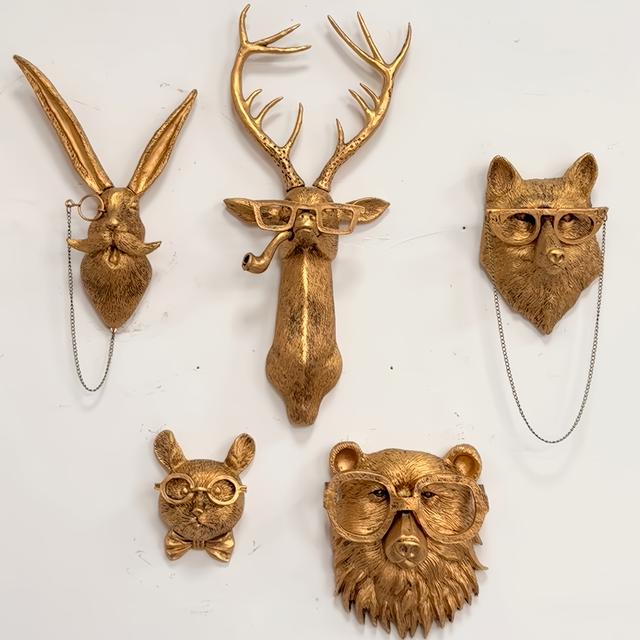 TEMU Resin Animal Wall Decor Set - Trendy Cross-border Indoor Wall Art Decoration, 5pcs Including Bear Head, Deer Head, Mouse Head, , And Rabbit Head