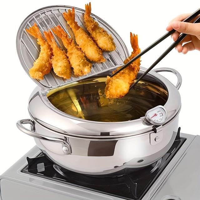 TEMU 1set Stainless Steel Deep Fryer With Thermometer, Home Use Taregaro Deep Fryer Oil For Chicken/deep Seafood/braised Beef/deep Seafood, With Filter+ Lid Set, Compatible With Induction Cooktops