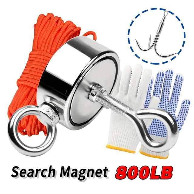 TEMU Magnetangel-Set Doppelseitiger Magnetfischer 800 lbs (2 x 400 lb) Schwerlastmagnet N52 Rundmagnetschleifen -Magneitscheibe Rubidium Magnethalter Saugnapf-Set