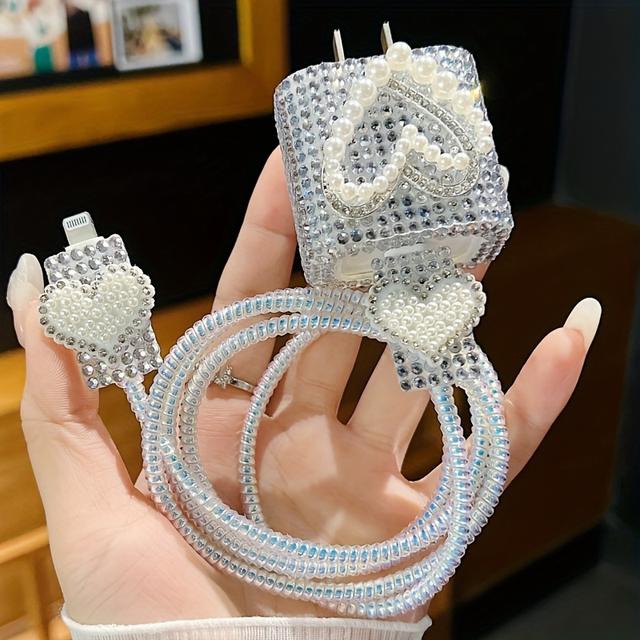 TEMU Shimmering Diamond And Charger Case For , , Huawei, Xiaomi, Oppo - Fast Charging Cable Protector With Tpu Material