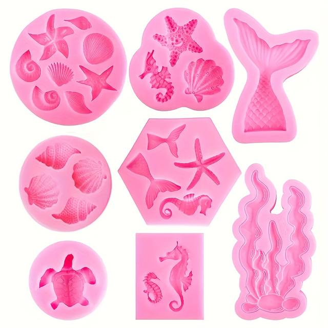 TEMU 8pcs Ocean Animal Resin Clay Silicone Mold Set: Shells, Starfish, Seaweed, Sea Turtle, Seahorse Tail, And More