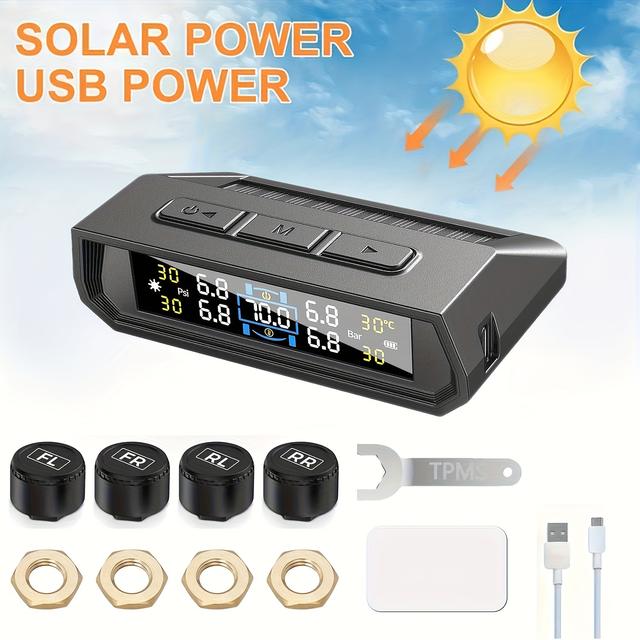 TEMU Tire Pressure Sensor Tpms, Vehicle, Vibration Detection, Pressure And Temperature Monitoring, Real-time Monitoring, Solar/usb Dual Charging, 0-5.0 Bar, Compatible With Multiple Models,